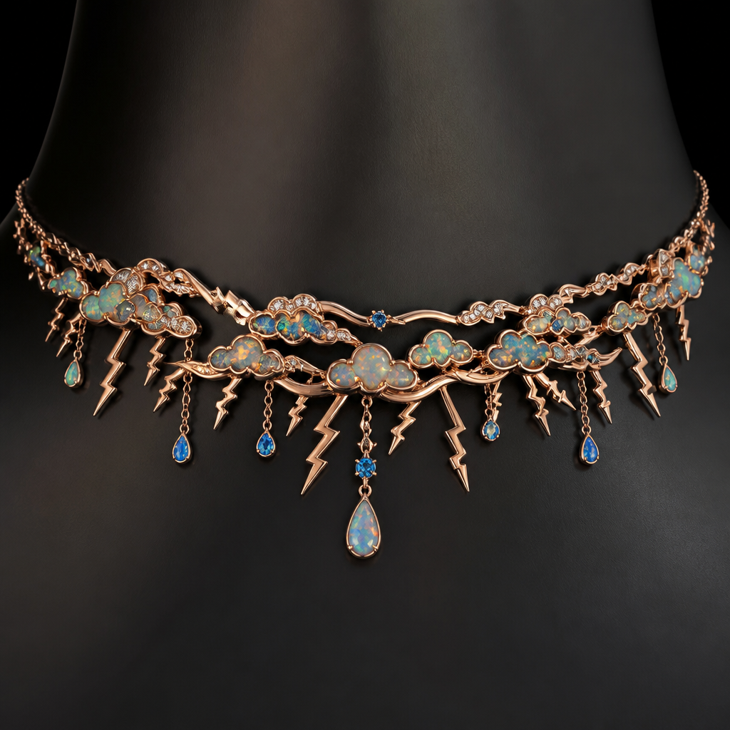 A women's necklace made of rose gold with opal and topaz stones. Rose gold black Ethiopian choker with thunderstorm theme
photorealistic jewelry design, A women's necklace made of rose gold with opal and topaz stones. Rose gold black Ethiopian choker with thunderstorm theme, modern style, just the design no text