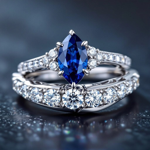 Marquise cut Blue Sapphire ring set with round diamond side stones in platinum metal