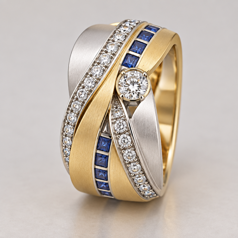 A women's ring made of mixed metal with diamond and sapphire stones. design a ring incorporating 33 .10 carat diamonds, 7 .10 carat square blue sapphires, and one .50 carat round diamond, using white and yellow gold in a matte finish. band should be wide.
using the attached image as a visual reference, create A women's ring made of mixed metal with diamond and sapphire stones. design a ring incorporating 33 .10 carat diamonds, 7 .10 carat square blue sapphires, and one .50 carat round diamond, using white and yellow gold in a matte finish. band should be wide.. photorealistic, just the design no text
