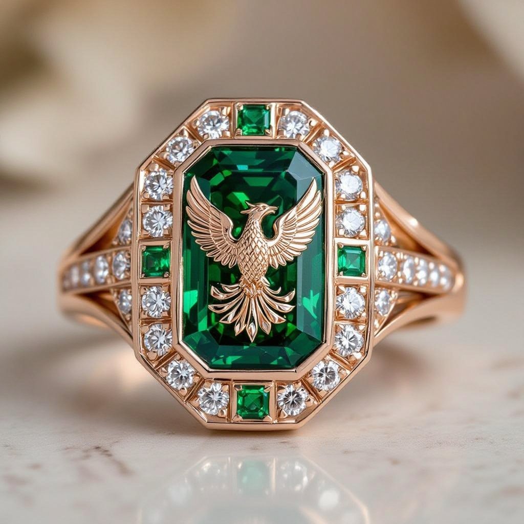 Geomatric rose gold and A platinum signet ring with phoenix printed on it for women Design a luxurious platinum signet ring that embodies the elegance of Art Deco style, featuring a striking phoenix rendered in intricate geometric patterns. Emphasize bold lines and symmetry, with contrasting finishes for depth. Adorn the ring with brilliant-cut diamonds and emeralds, capturing the spirit of rebirth and timeless sophistication.