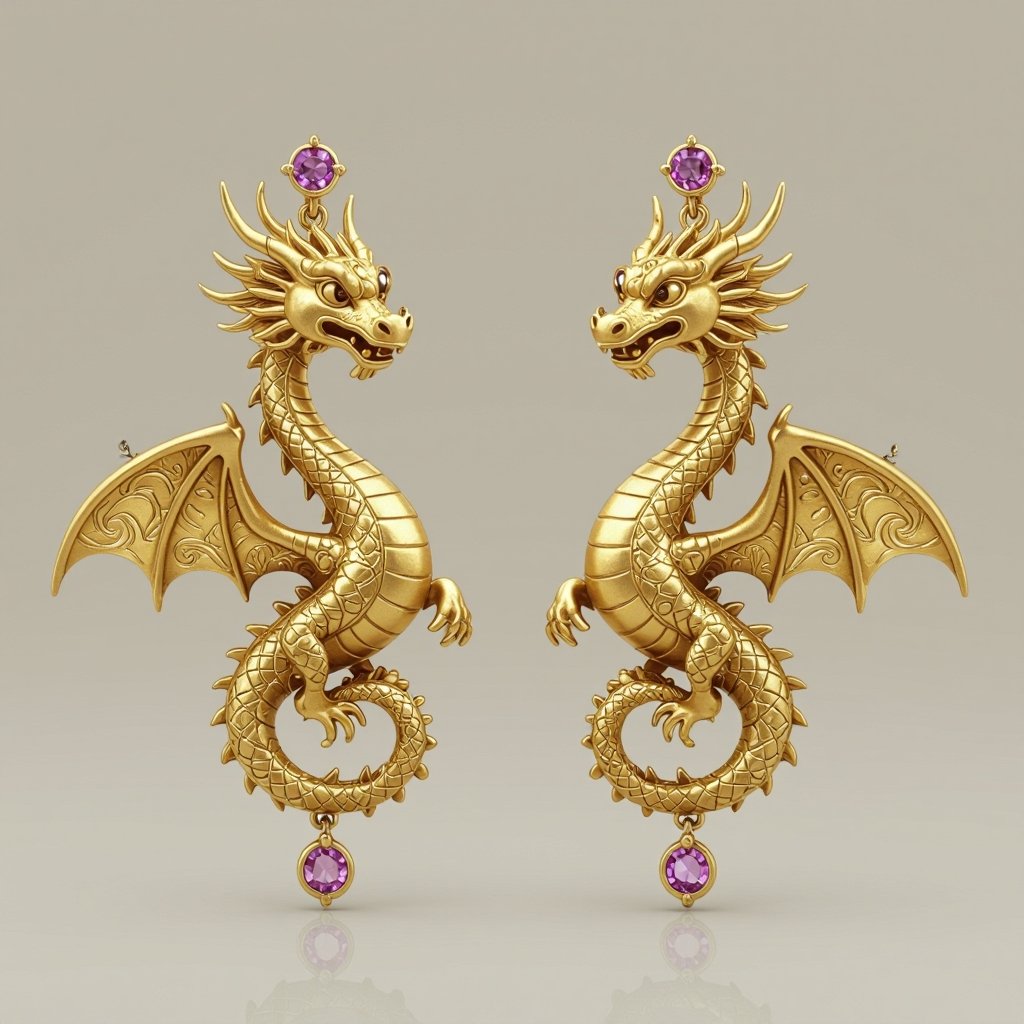 Золотые матовые серьги со схематическим изображением дракона узоры и камни мелкие раузтопаз