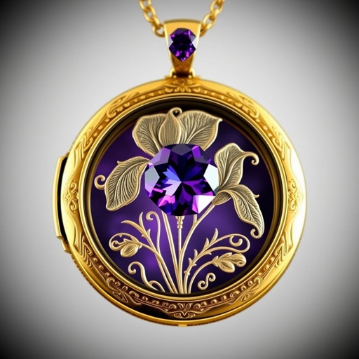 Locket is round shaped with an amethyst stone on top of an engraved Iris Flower