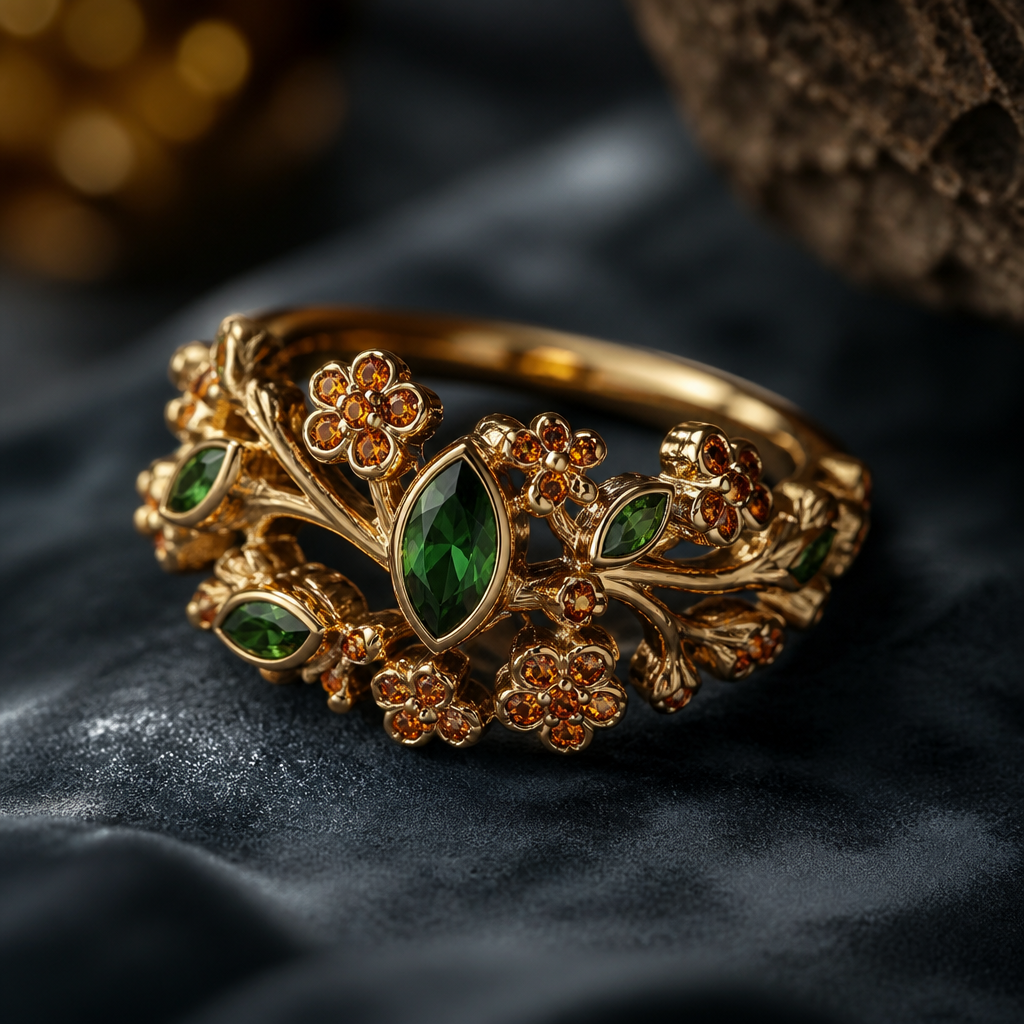Garden like gold band with emerald and Burnt orange diamonds
photorealistic jewelry design, Garden like gold band with emerald and Burnt orange diamonds , asian_inspired style, just the design no text