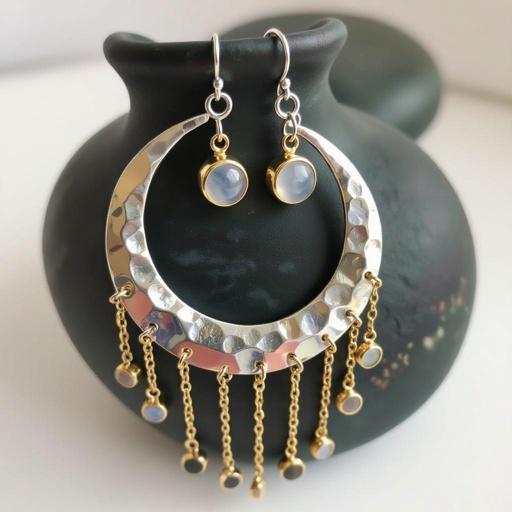 Серебряные серьги словно мятое серебро в форме полумесяца. Верхушка полумесяца крепится к застежке серьги.  От полумесяца идет три цепочки золотого цвета, у каждой на конце мелкий камушек лунный камень