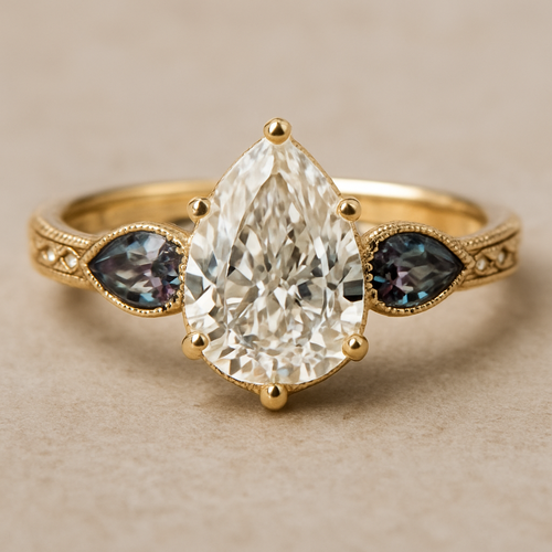 2 carat pear cut diamond engagement ring with double claw prongs in yellow gold ring with marquise shaped alexandrite side stones 