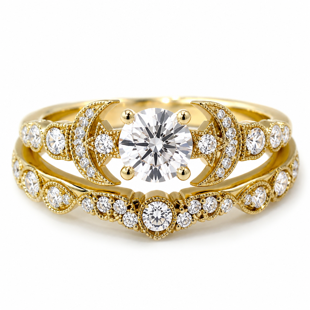 1ct diamond
0.50ct diamond
5 0.25ct diamonds
20 0.1ct diamonds
30 0.05ct diamonds
Can you create a feminine diamond ring for a wedding ring and engagement stackable yellow, 14 carat gold diamonds moon design
photorealistic jewelry design, 1ct diamond
0.50ct diamond
5 0.25ct diamonds
20 0.1ct diamonds
30 0.05ct diamonds
Can you create a feminine diamond ring for a wedding ring and engagement stackable yellow, 14 carat gold diamonds moon design, vintage style, just the design no text