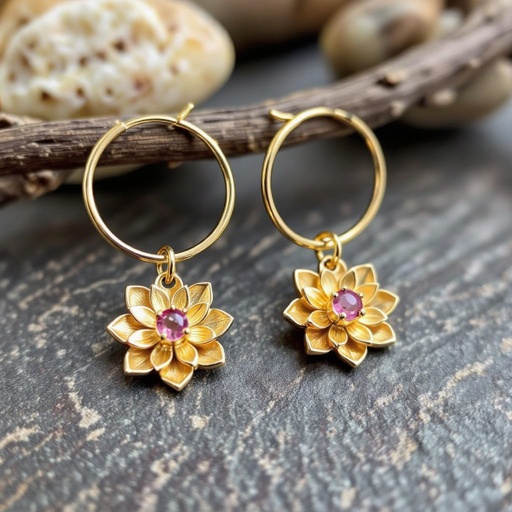 Серьги небольшие кольца,на серьгах висит в виде золотого лотоса шестью лепестками с маленьким розовым кварцем по центру