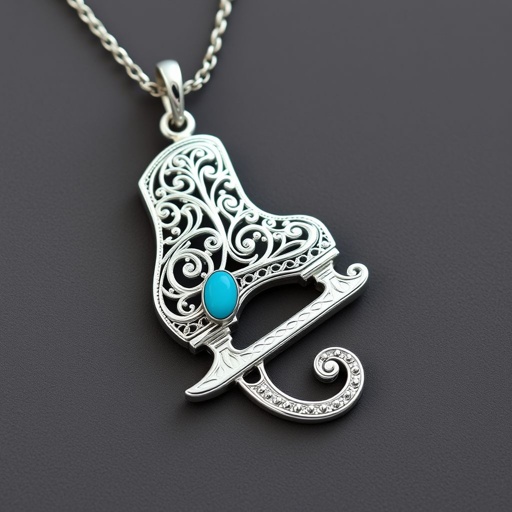 Silver Pendant shape one ice skate with turquoise stripe inside the low thin part blade