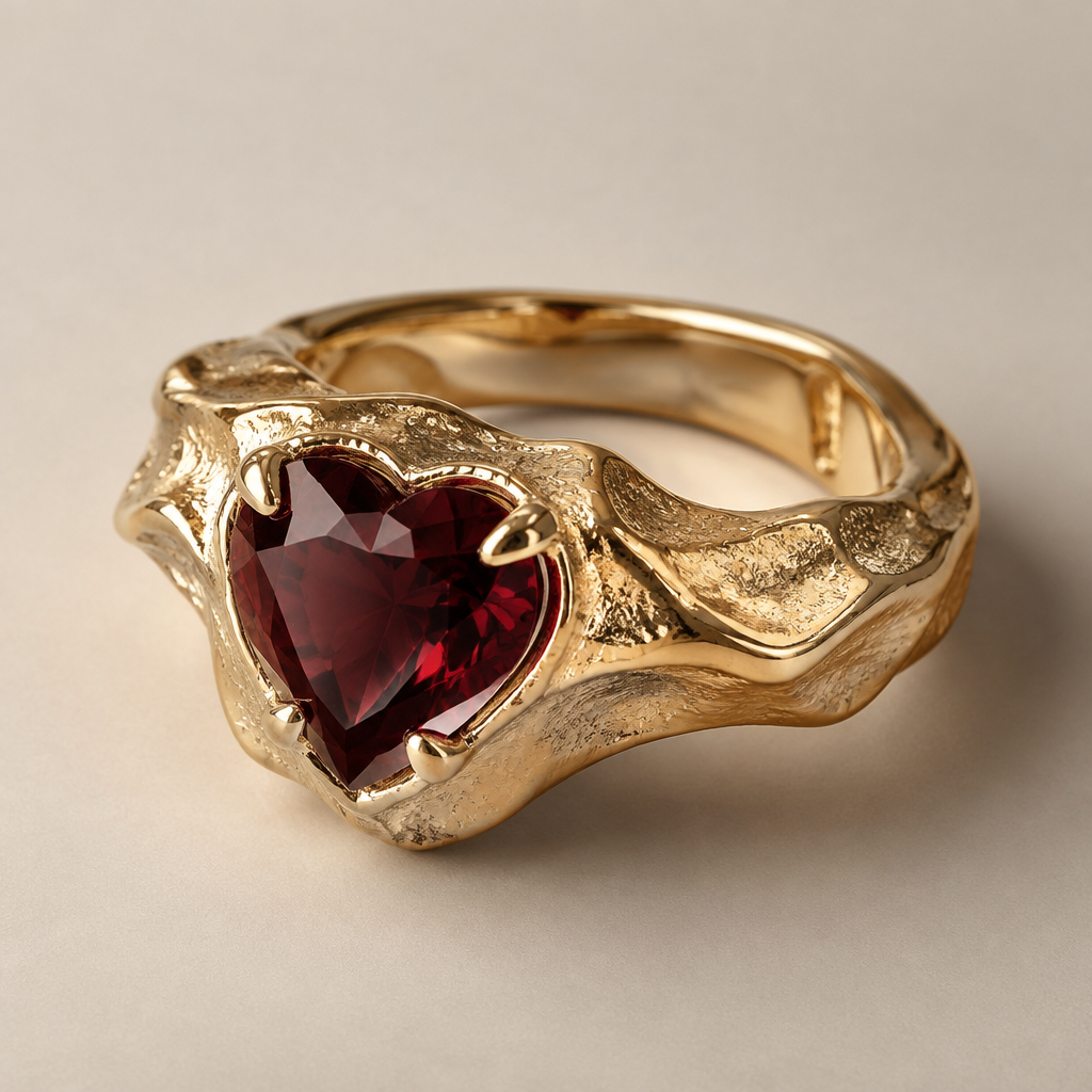 1.5 carat heart shaped garnet, chunky yellow gold ring, no diamonds accents, add texture to the ring
photorealistic jewelry design, 1.5 carat heart shaped garnet, chunky yellow gold ring, no diamonds accents, add texture to the ring, modern style, just the design no text