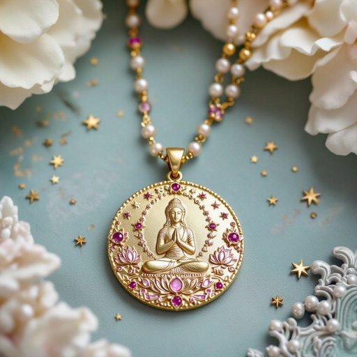 Кулон на длинной цепочке. Матовое светлое золото. В цепочке небольшие золотые шарики и розовые камушки и жемчуга. Кулон в форме неровного мятого круга. На круге изображена девушка с длинными волосами лица не видно в молитве и позе лотоса нечетко. Круг украшен лотосами звездами волнами узорами