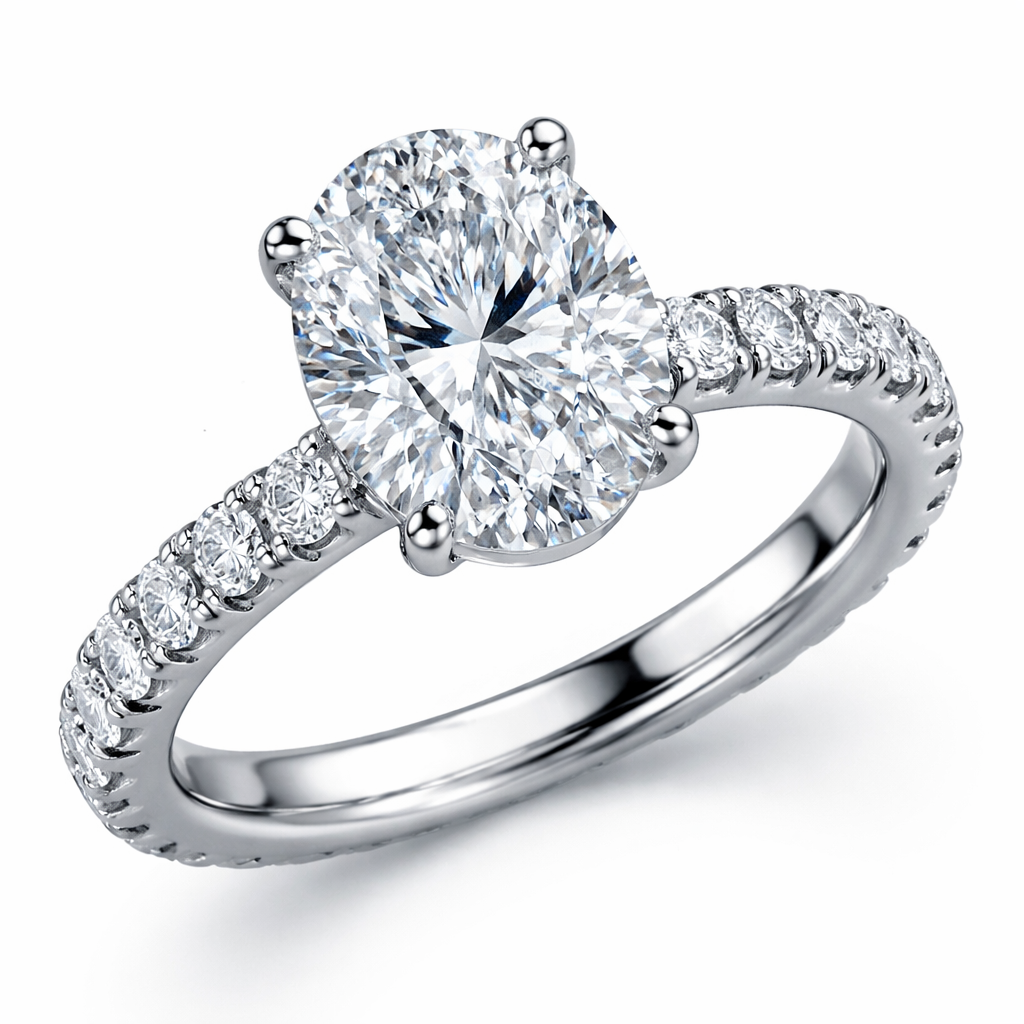 2 ct. diamond oval cut engagement ring. White gold 24k Eternity band with 4 prongs