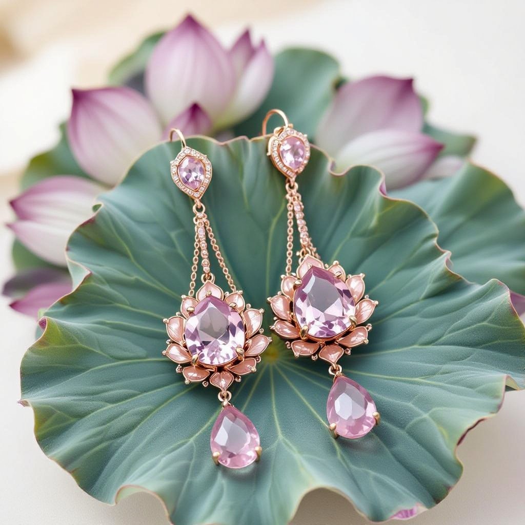 Светлое матовое золото. Серьги с лотосом на длинных цепочках. По центру лотоса камень необрабаботанного розового кварца, от лотоса идет цепочка с еще одним камнем кварца на конце. Серьги тонкие и легкие