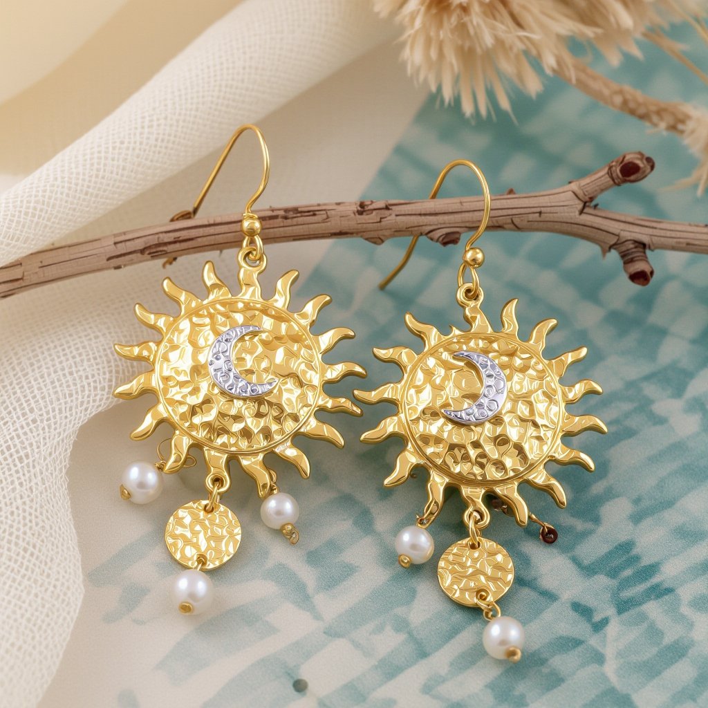 Золотые серьги словно мятое золото в форме солнца с волнистыми лучами крепится к застежке серьги. К нижней части солнца крепятся подвески: миниатюрная серебристая луна, очень маленький жемчуг и маленький золотой кружочек с мятым эффектом плоский