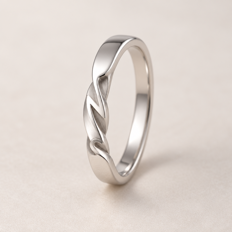 A minimalist women's ring made of silver suitable for anniversary. 사진과 같은 꼬임 디자인에 N과 S 이니셜을 라인으로 표현해주세요.
using the attached image as a visual reference, create A minimalist women's ring made of silver suitable for anniversary. 사진과 같은 꼬임 디자인에 N과 S 이니셜을 라인으로 표현해주세요.. photorealistic, just the design no text