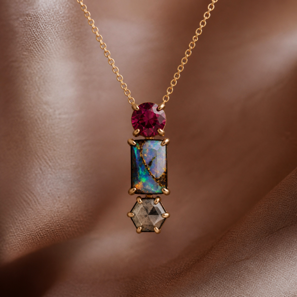 5mm round red beryl, rectangle boulder opal, 5mm hexagon salt and pepper diamond pendant
photorealistic jewelry design, 5mm round red beryl, rectangle boulder opal, 5mm hexagon salt and pepper diamond pendant , romantic style, just the design no text