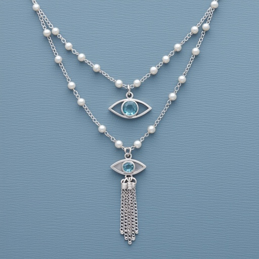 Тонкая цепочка с серебряными шариками и мелкими жемчужными камушками на цепочке есть кулон в форме глаза, зрачок глаза из аквамарина от глаза идет маленькая подвеска с серебряными цепочками разной длины