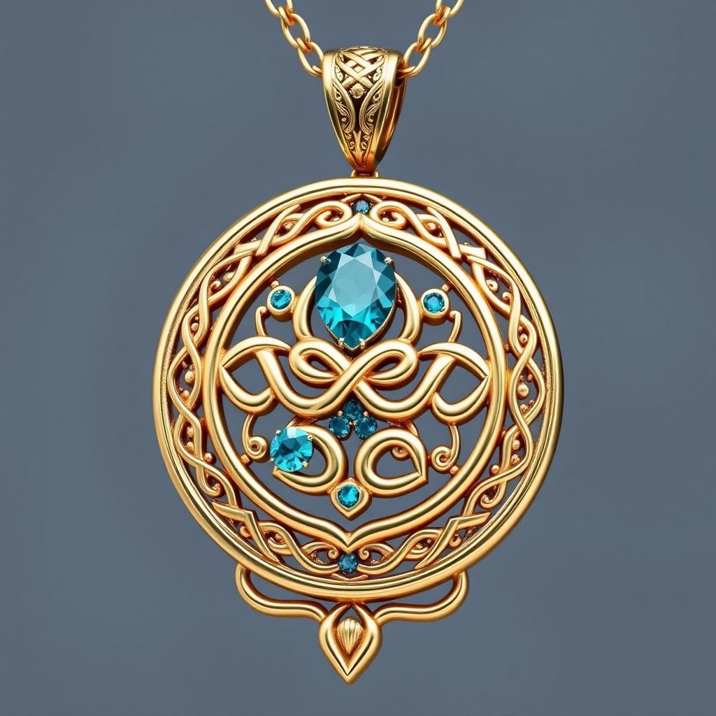 A celtic 50 carat pendant necklace with VVS Nanette-cut turquoise sapphire gemstones and 18k gold chain 