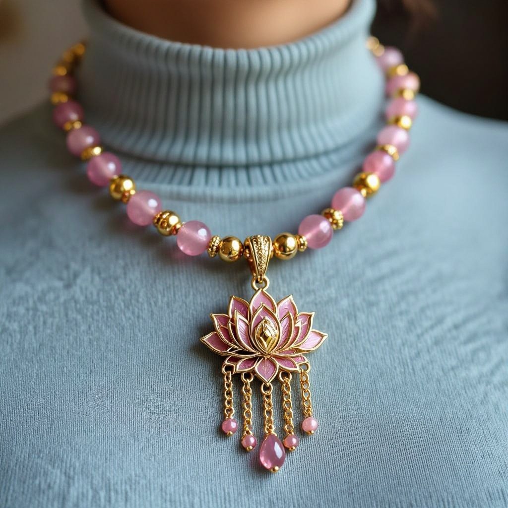 Цепочка из золота с золотыми мелкими шариками и мелкими из мелкого розового кварца посредине лотос от лотоса идут цепочки золотые вниз