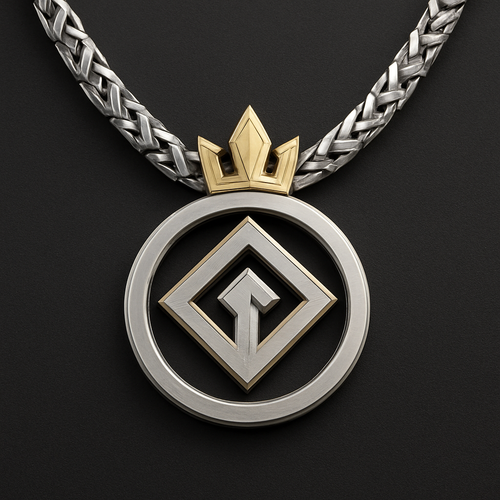 I want to create a very unique necklace in a circle the frame a bit higher than the circle  that no one has from white and yellow gold for a man which a strong personality like a king 