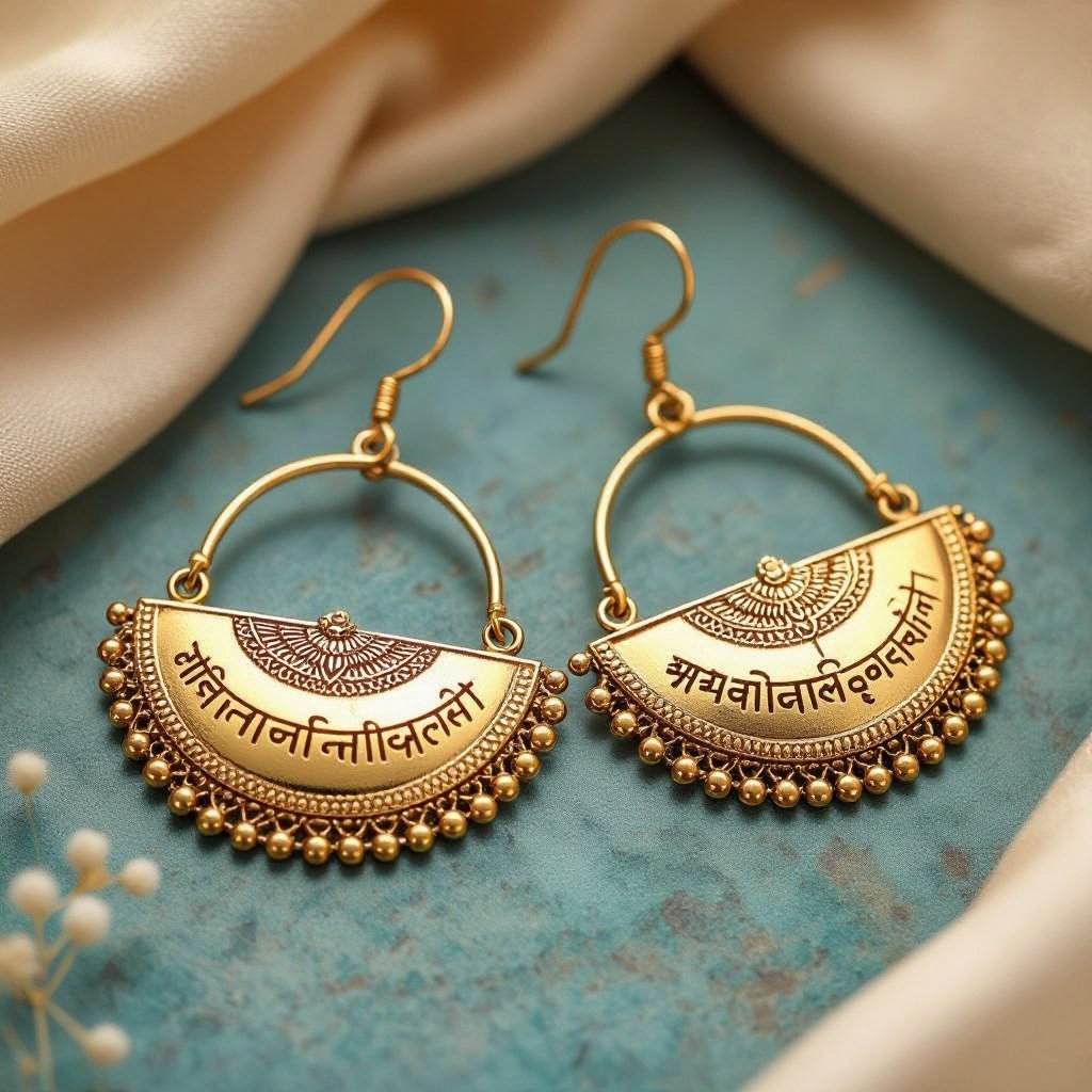 Серьги золотые в форме тонкого изящного полумесяца, полукруг как продолжение застежки, на полукруге надписи мантрами на санскрите