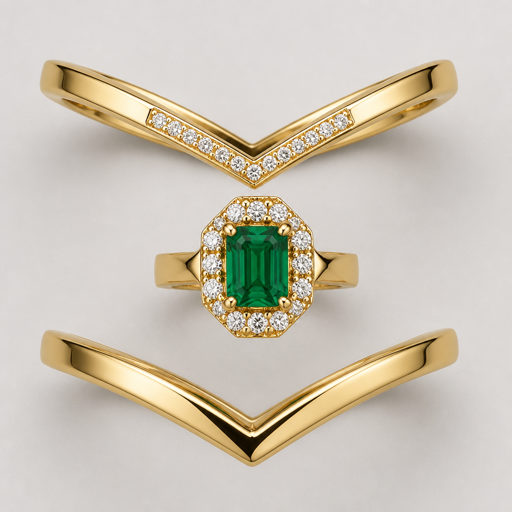 Gold V shaped bands the connected when put together with a solid that can go in the middle with an emerald diamond to fit in between when all together plus tiny diamonds around the emerald.
photorealistic jewelry design, Gold V shaped bands the connected when put together with a solid that can go in the middle with an emerald diamond to fit in between when all together plus tiny diamonds around the emerald. , stackable style, just the design no text