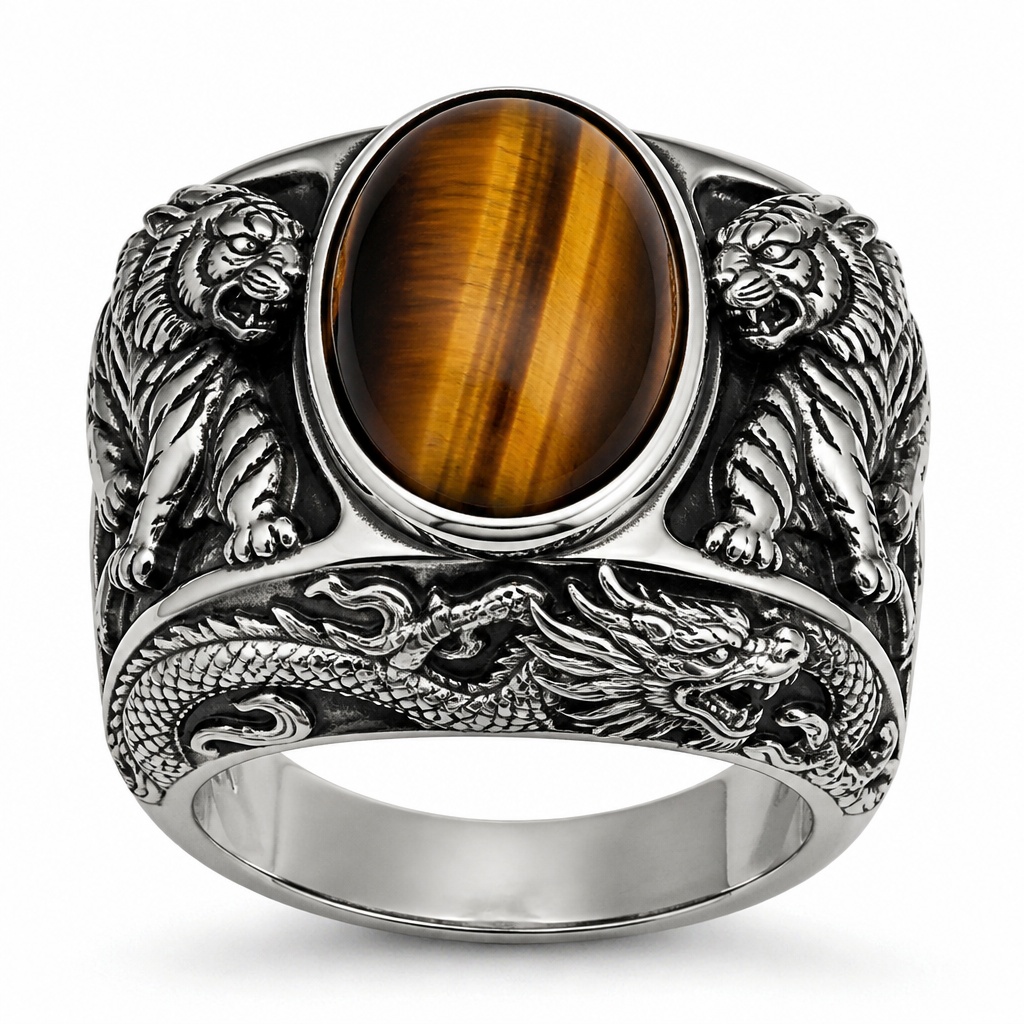 Sterling silver women’s signet ring. Large oval tiger’s eye gemstone in raised bezel at top. Two tigers on left and right sides of the stone facing outward with black background. Tiger defeating dragon on the band sides with dragon head face body clearly visible. Professional jewelry photo, white background.
photorealistic jewelry design, Sterling silver women’s signet ring. Large oval tiger’s eye gemstone in raised bezel at top. Two tigers on left and right sides of the stone facing outward with black background. Tiger defeating dragon on the band sides with dragon head face body clearly visible. Professional jewelry photo, white background., signet style, just the design no text