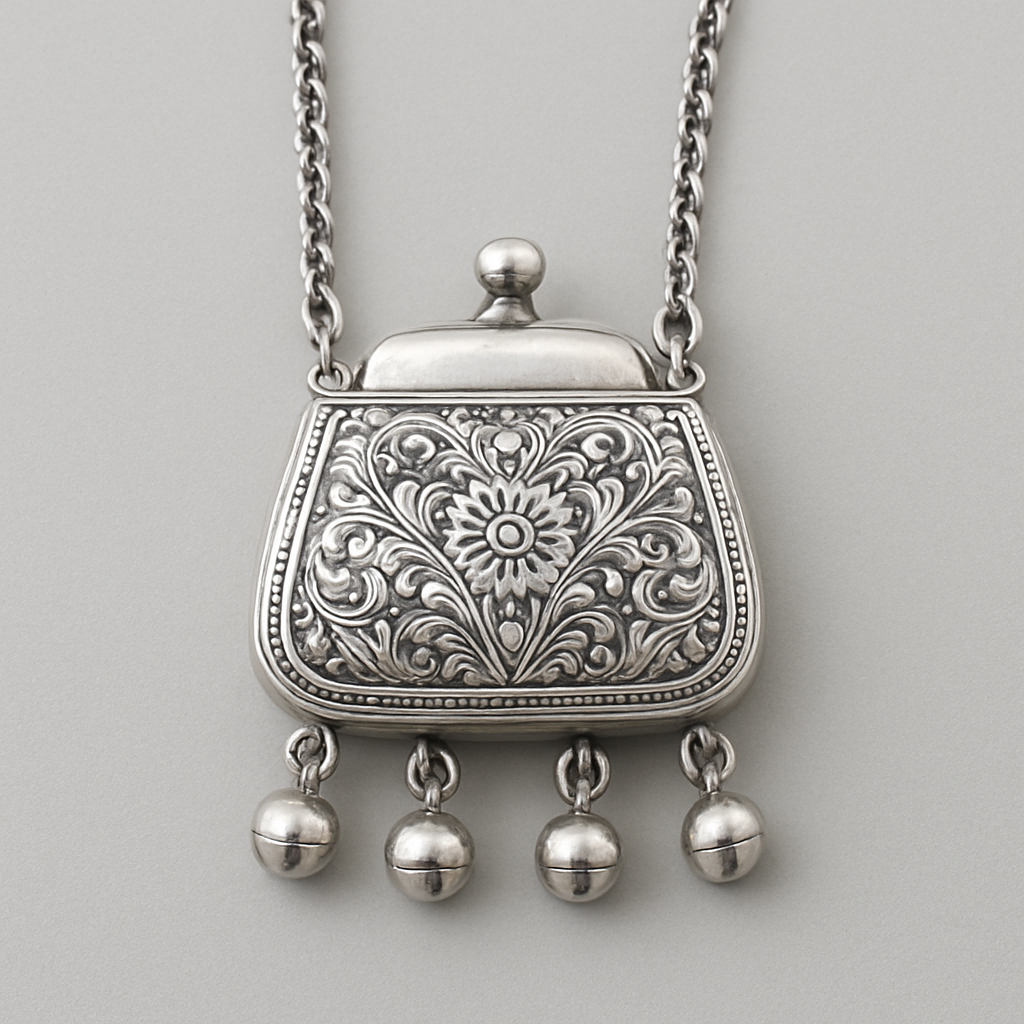 A phone size purse witch is made of silver also have a cap and long silver chain with ghoongro