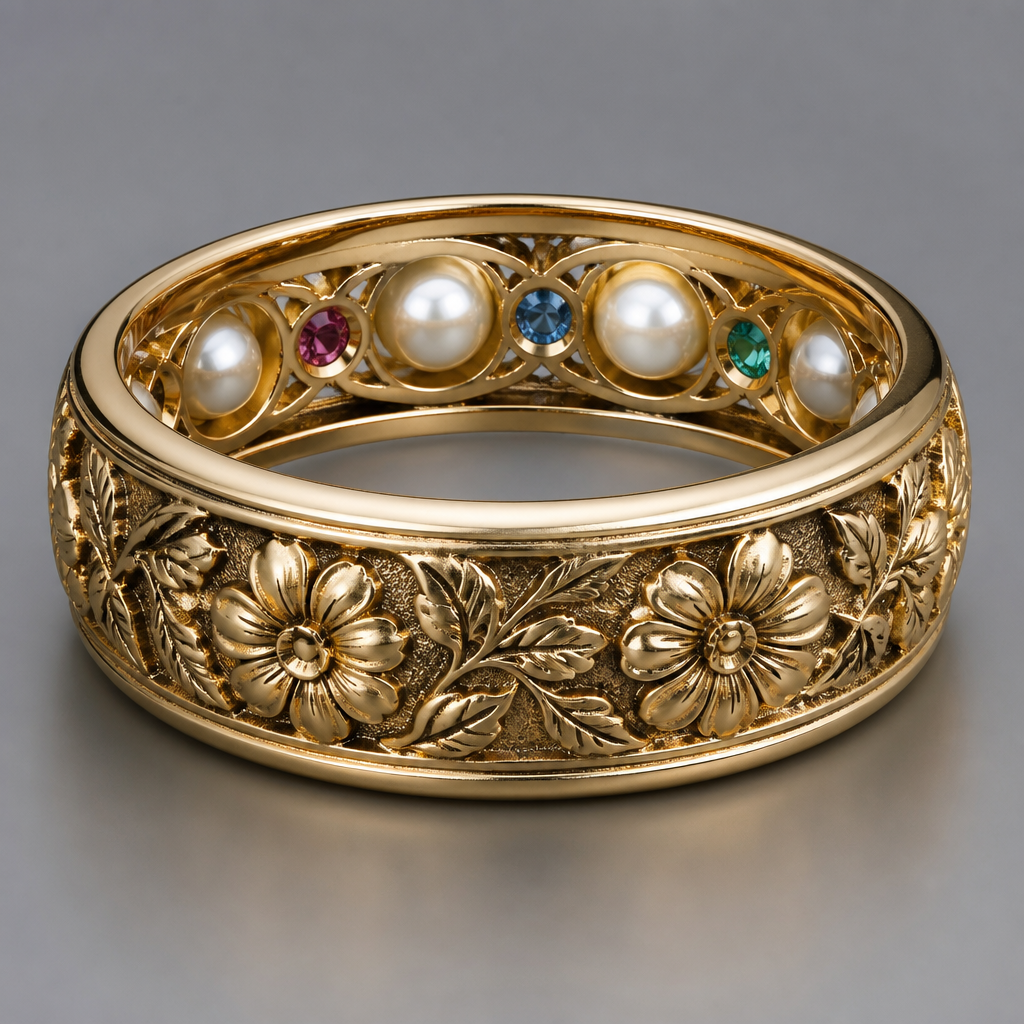 Medium thick Gold band with flower engravings going around and alternating size pearls and colorful diamonds inside the band
photorealistic jewelry design, Medium thick Gold band with flower engravings going around and alternating size pearls and colorful diamonds inside the band , renaissance style, just the design no text