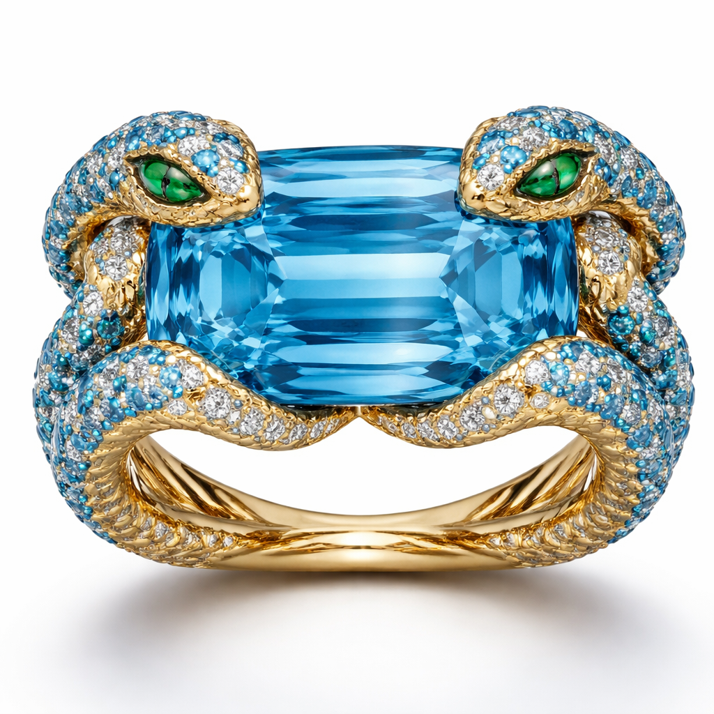 I have a large blue topaz about one inch width And 0.75 inch length that I need to make into a ring. The stone comes horizontal across the finger . I need two snakes also in blue topaz with emerald eyes winding onto the top corners of the topaz from either side and then joining down below to make the ring circle