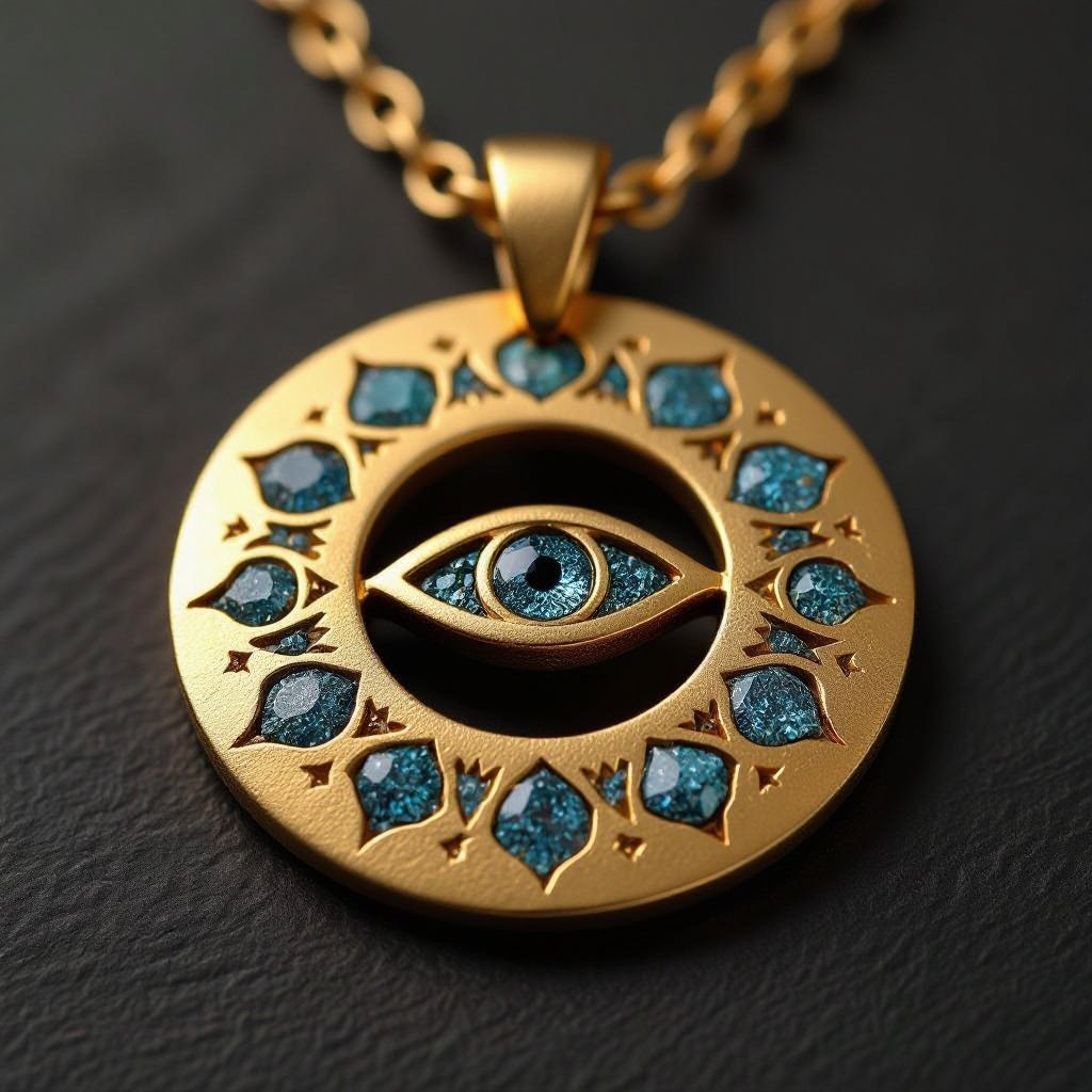 Подвеска из матового золота с узорами и мелкими необработанными матовыми камнями в форме двух пересекающихся окружностей и глаза между ними