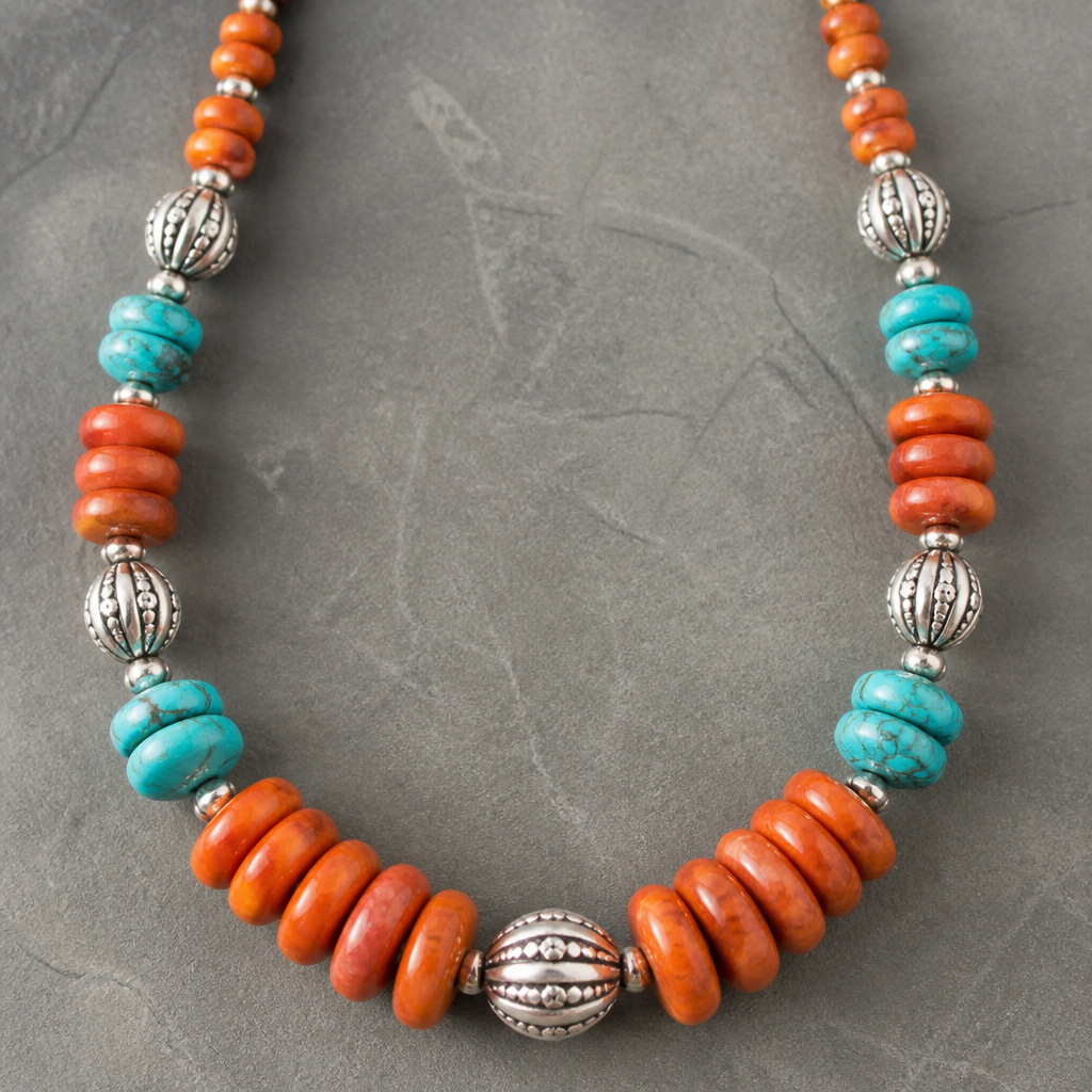 Graduated Spiny oyster 20mm x 5mm rondel beads, turquoise graduated rondel beads 17mm x 4mm, sterling silver beads 15mm x 13mm necklace
photorealistic jewelry design, Graduated Spiny oyster 20mm x 5mm rondel beads, turquoise graduated rondel beads 17mm x 4mm, sterling silver beads 15mm x 13mm necklace , bohemian style, just the design no text