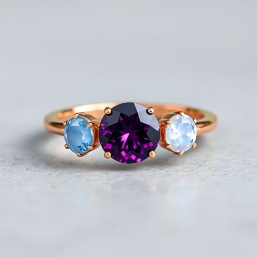 A simple, three stone 18 karat rose gold engagement ring set with a circular alexandrite. Also set with a small half moon blue chalcedony on one side right next to it, and a small half moon moonstone set on the other side right next to it. On the inside of the band, it has an inscription reading, “Tuum. Et in hac vita et in altera.”