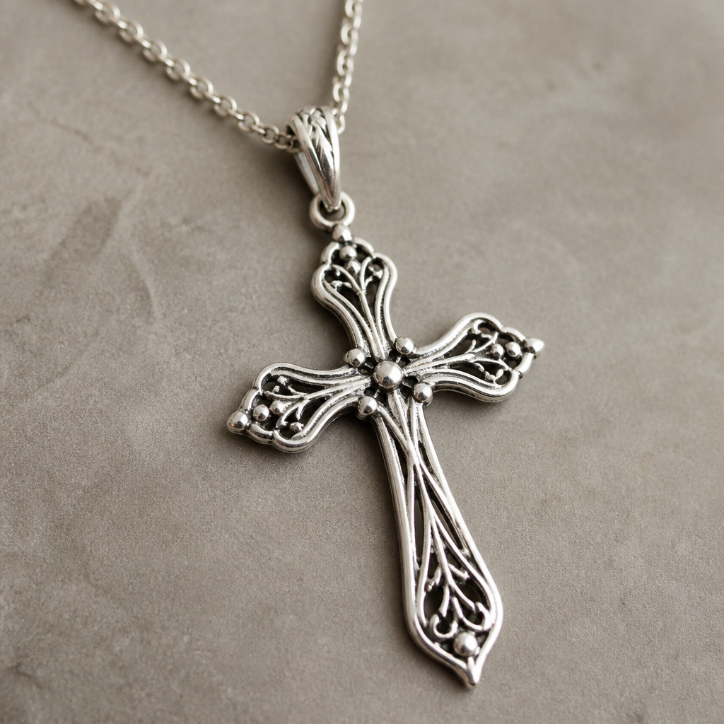 A bohemian women's pendant made of silver suitable for daily wear. An extraordinary excellent beautiful delicate and elegant, super modern Cross.
photorealistic jewelry design, A bohemian women's pendant made of silver suitable for daily wear. An extraordinary excellent beautiful delicate and elegant, super modern Cross., bohemian style, just the design no text