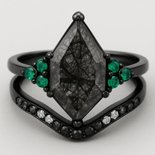 Black band, long kite cut rutilated black quartz, emerald accent stones 3 on each side in a cluster, add a wedding band that curves around the top of the main stone with black and white stones