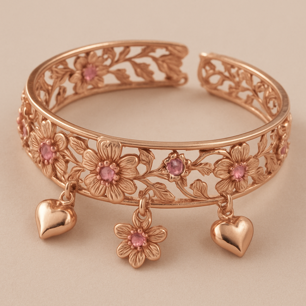 Rose gold bracelet with intricate floral patterns