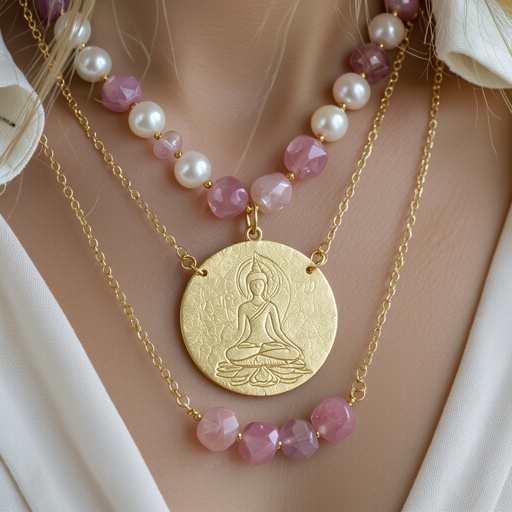 Кулон на длинной цепочке. Матовое светлое золото. В цепочке небольшие камушки розового необработанного кварца и жемчуга. Кулон в форме неровного мятого круга. На круге изображен силуэт девушки в позе лотоса нечетко