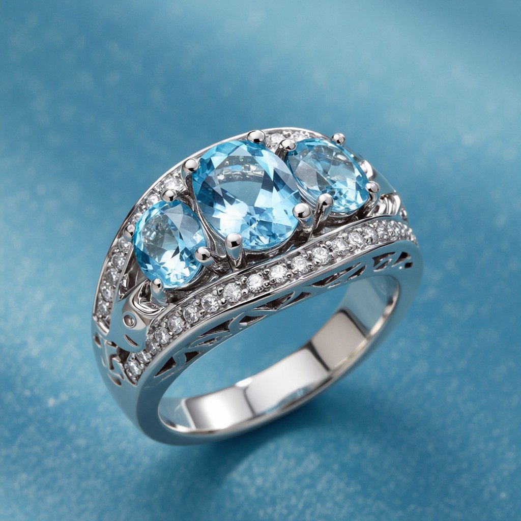 Aquamarine, and stones, silver ring with pisces/fish motif for man.