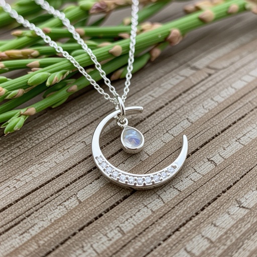 Луна полумесяцем с мелкими камушками и маленький в виде кристала лунный камень подвеска