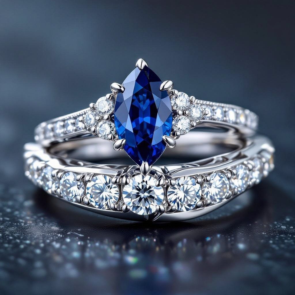 Marquise cut Blue Sapphire ring set with round diamond side stones in platinum metal