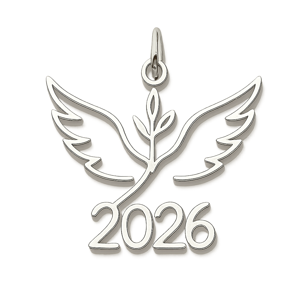 Slim silver cut-out charm only with  two spread out bird wings, an olive branch and  along year 2026