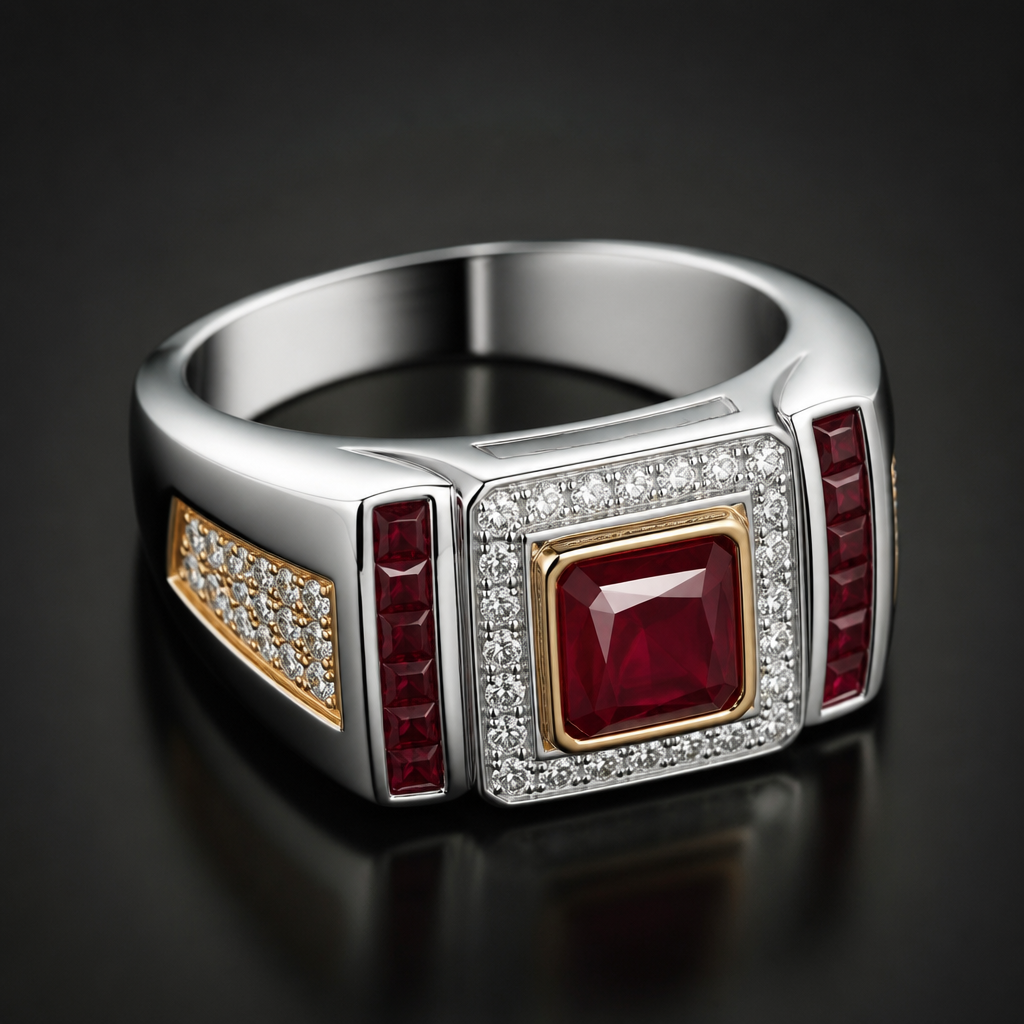 A luxury men's ring with diamond and ruby stones suitable for formal
photorealistic jewelry design, A luxury men's ring with diamond and ruby stones suitable for formal, luxury style, just the design no text