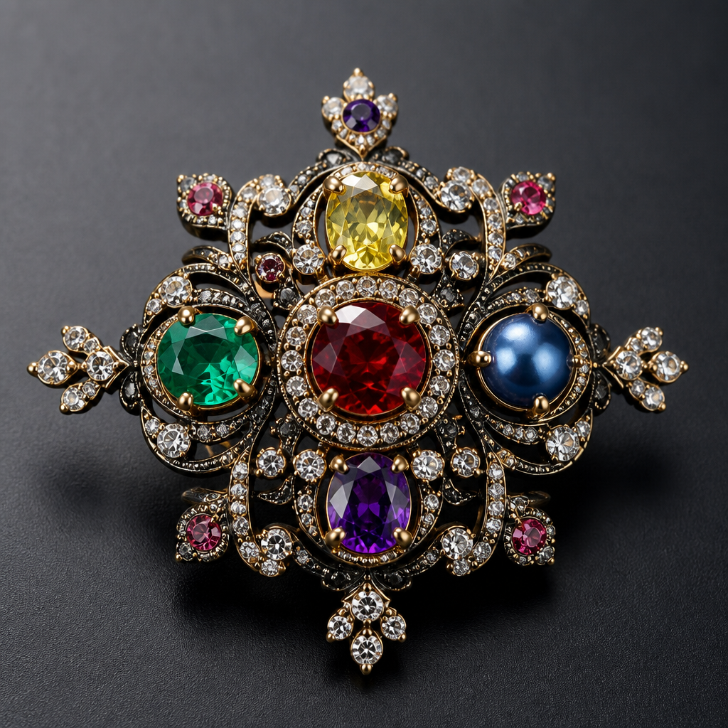 A women's brooch with red diamond and yellow ruby and green emerald and blue pearl and purple garnet and white sapphire stones suitable for party
photorealistic jewelry design, A women's brooch with red diamond and yellow ruby and green emerald and blue pearl and purple garnet and white sapphire stones suitable for party, georgian style, just the design no text