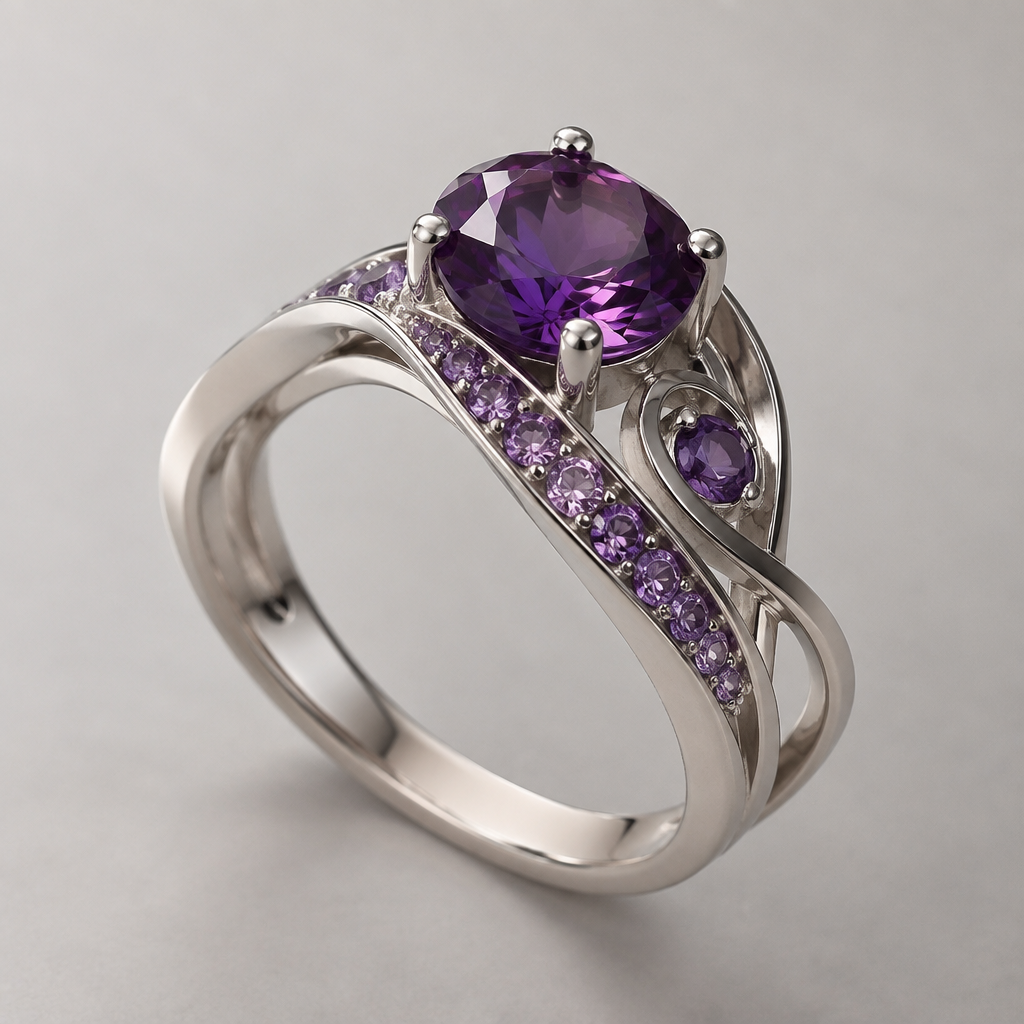 A modern women's ring made of silver with amethyst stones
photorealistic jewelry design, A modern women's ring made of silver with amethyst stones, modern style, just the design no text