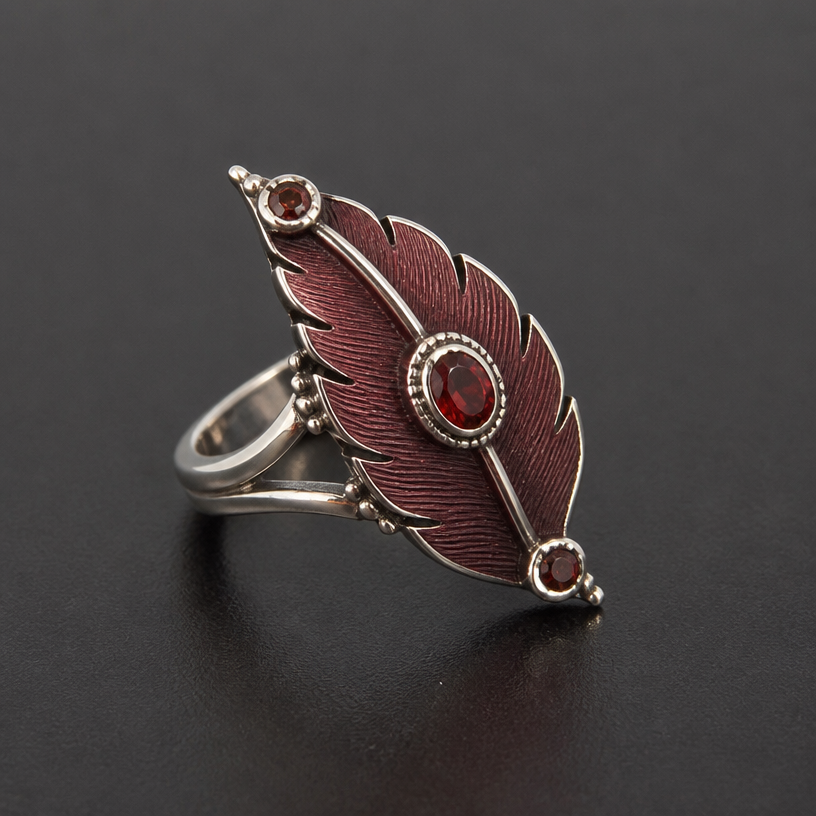 A women's ring made of silver with garnet stones. red large feather pendant with garnet gemstone in the middle
using the attached image as a visual reference, create A women's ring made of silver with garnet stones. red large feather pendant with garnet gemstone in the middle. photorealistic, just the design no text