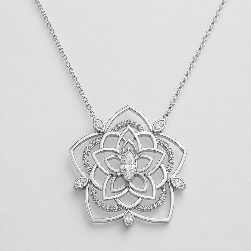 A women's necklace. Creer le.collier
using the attached image as a visual reference, create A women's necklace. Creer le.collier. photorealistic, just the design no text