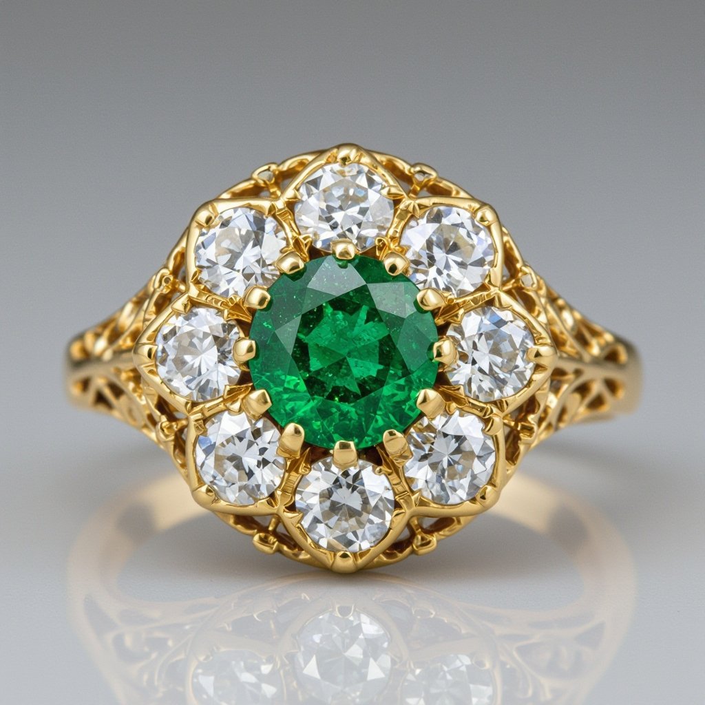 Anillo en oro con esmeralda trapiche redonda y solo 6 diamantes al rededor que tibuje un hexágono en el metal