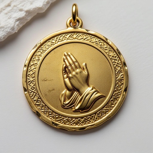 Золотой матовый медальон похожий на мятую монету с неровными краями. По кругу выгравированы изящные узоры. В центре выпуклые ладони, сложенные в молитве и от них исходит свет
