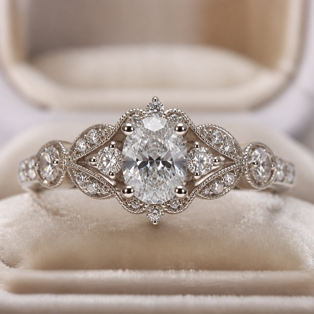 A prong-set women's ring with diamond stones suitable for wedding, highly ornate, intricate and elaborate, richly detailed. A 0.70-carat oval diamond is used as the center stone.7
photorealistic jewelry design, A prong-set women's ring with diamond stones suitable for wedding, highly ornate, intricate and elaborate, richly detailed. A 0.70-carat oval diamond is used as the center stone.7, prong_set style, just the design no text