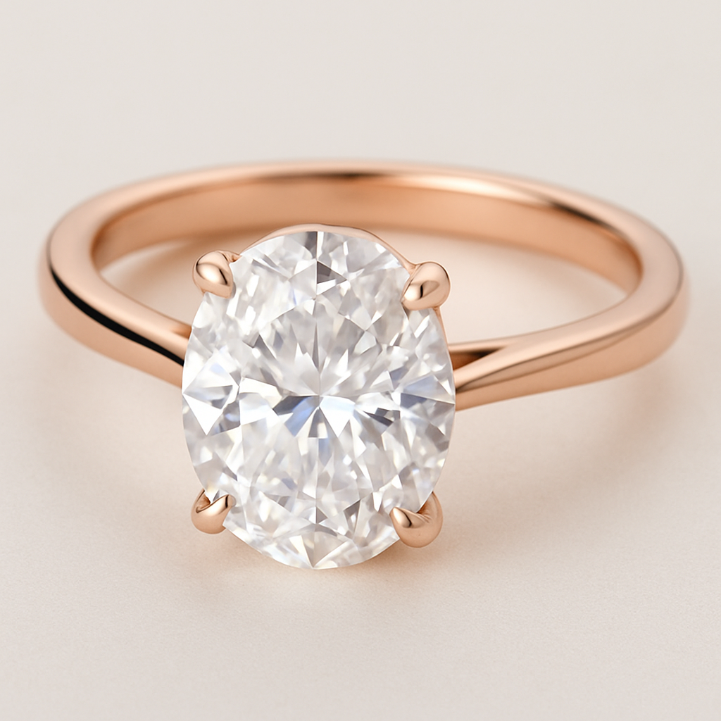 Create a 5 carat oval diamond solitaire engagement ring on a 18k rose gold shank