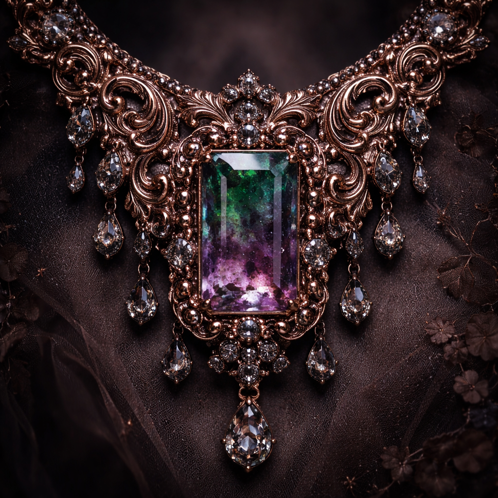 A luxurious necklace with intricate dark rose gold designs with a rectangular shaped raw alexandrite gem and dark grey diamonds surrounding it and to add extra detail to the necklace
